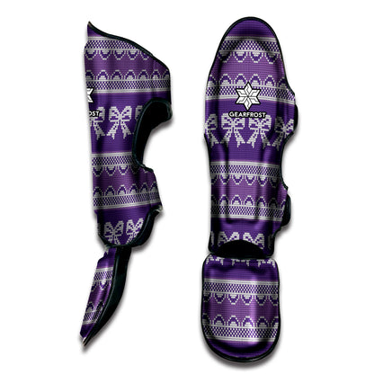 Purple Ribbon Knitted Pattern Print Muay Thai Shin Guard