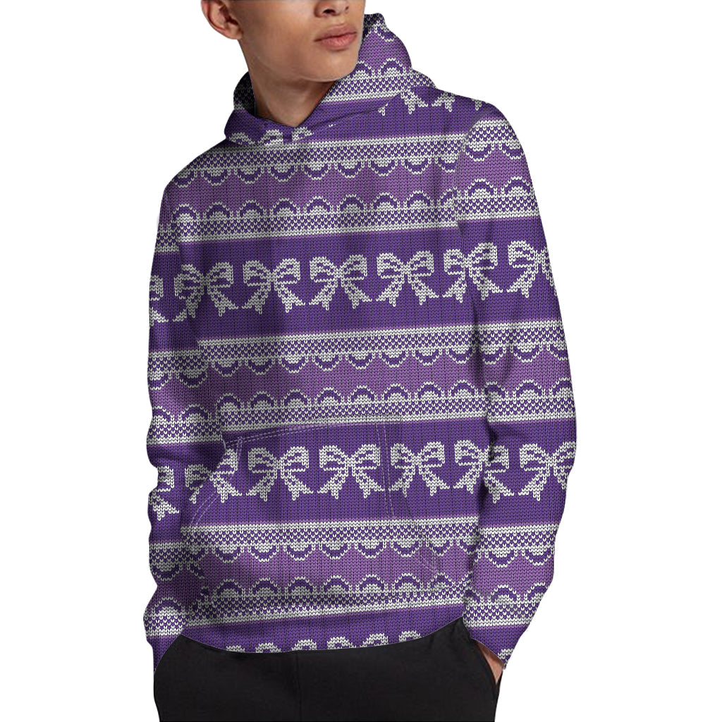 Purple Ribbon Knitted Pattern Print Pullover Hoodie