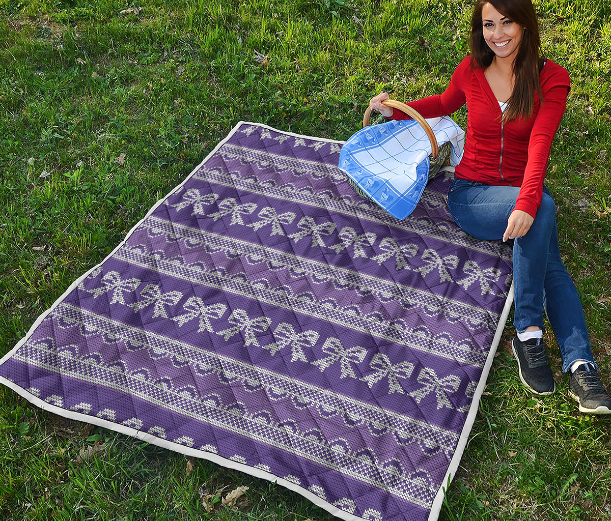Purple Ribbon Knitted Pattern Print Quilt
