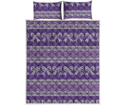 Purple Ribbon Knitted Pattern Print Quilt Bed Set