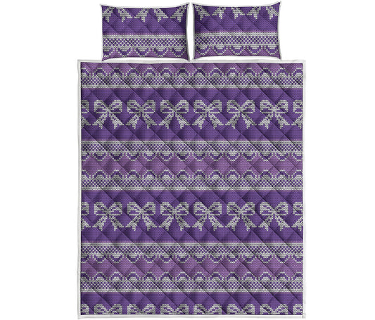 Purple Ribbon Knitted Pattern Print Quilt Bed Set
