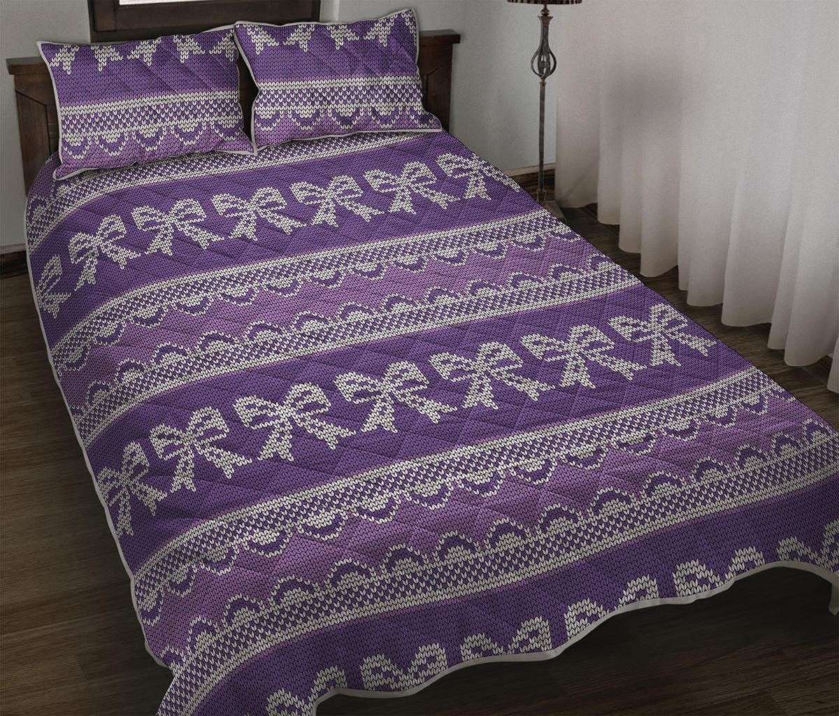 Purple Ribbon Knitted Pattern Print Quilt Bed Set