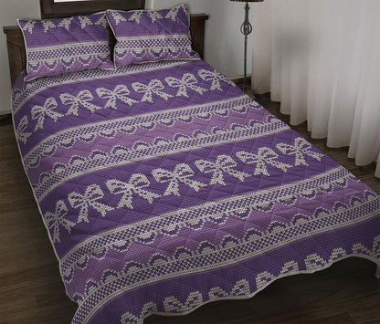Purple Ribbon Knitted Pattern Print Quilt Bed Set