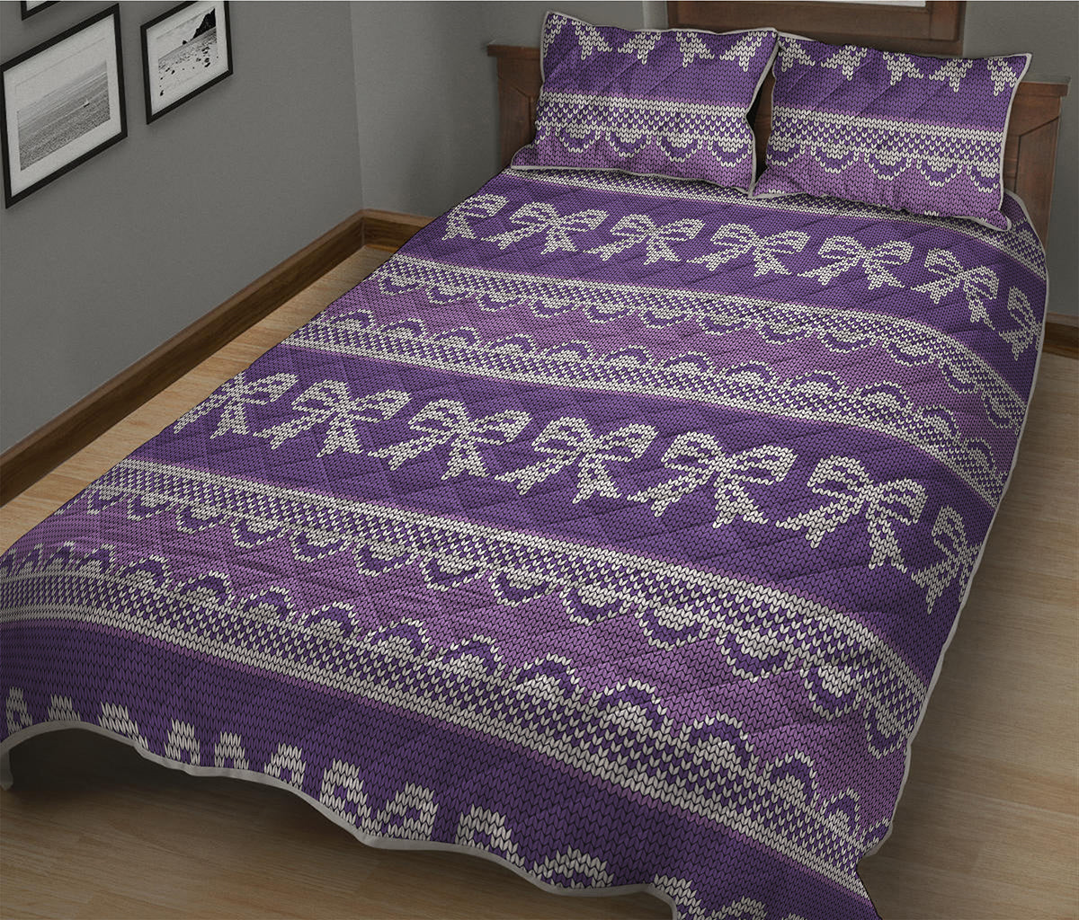 Purple Ribbon Knitted Pattern Print Quilt Bed Set