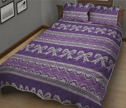 Purple Ribbon Knitted Pattern Print Quilt Bed Set