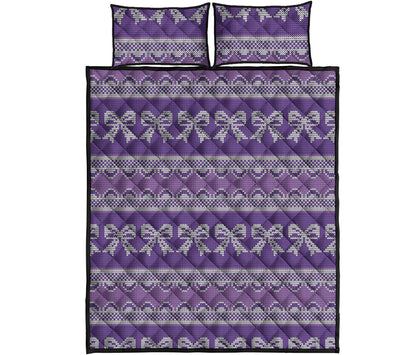Purple Ribbon Knitted Pattern Print Quilt Bed Set
