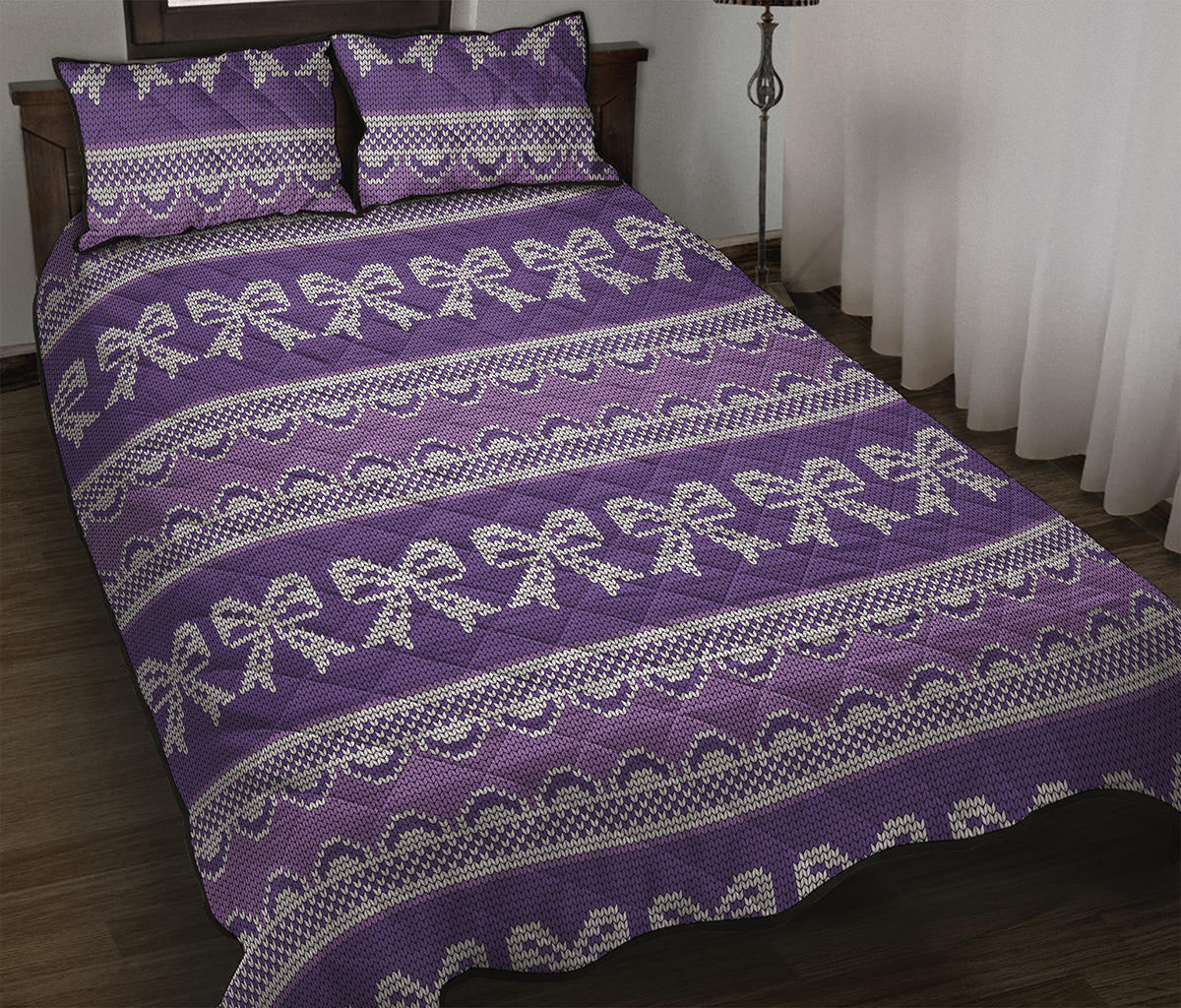 Purple Ribbon Knitted Pattern Print Quilt Bed Set