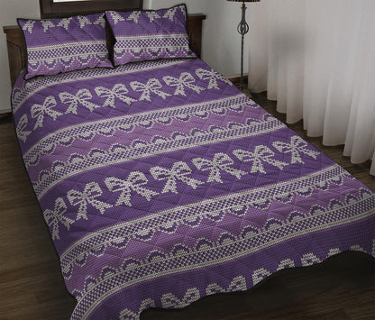 Purple Ribbon Knitted Pattern Print Quilt Bed Set