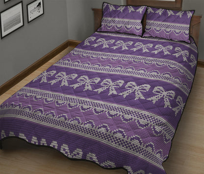 Purple Ribbon Knitted Pattern Print Quilt Bed Set