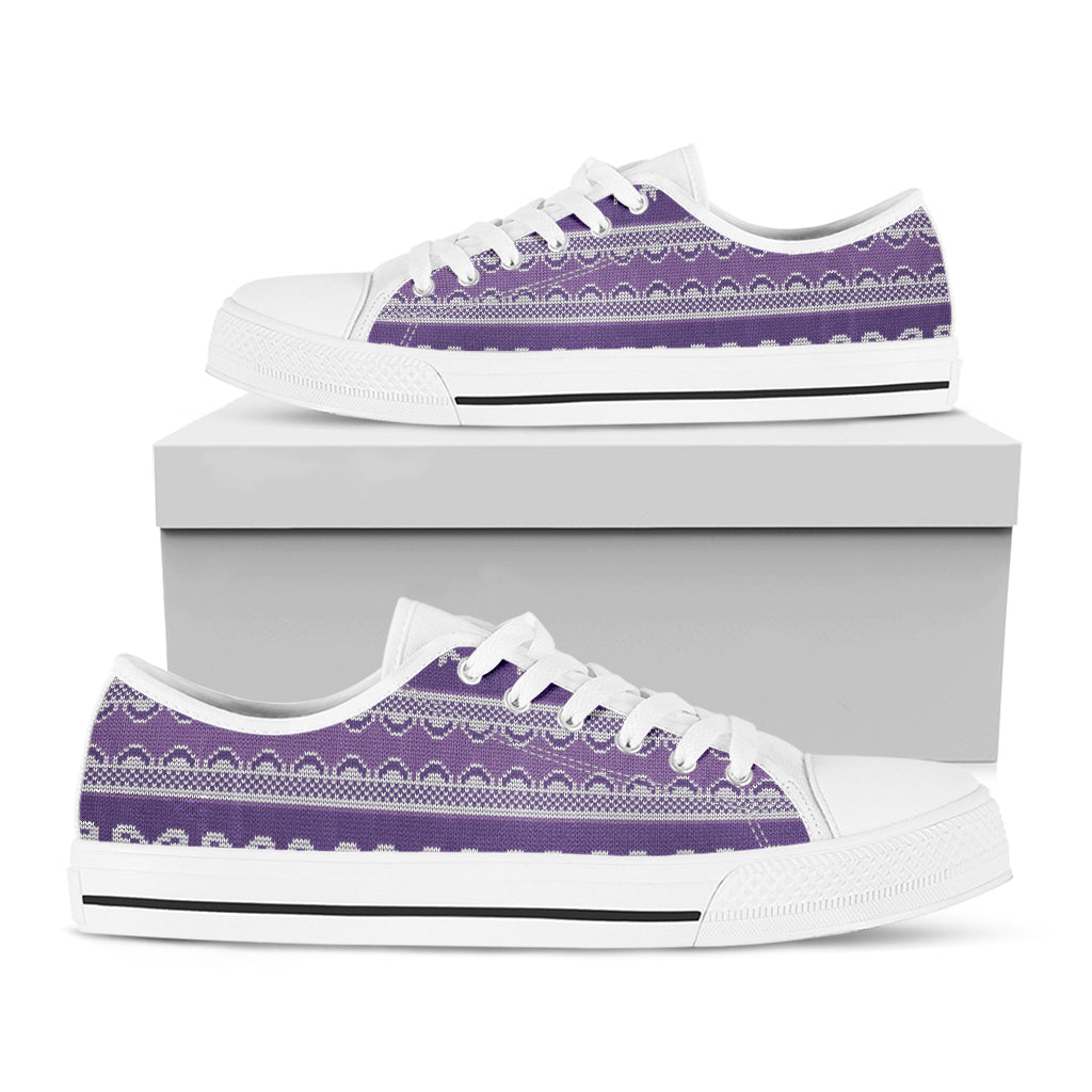 Purple Ribbon Knitted Pattern Print White Low Top Shoes