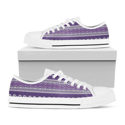 Purple Ribbon Knitted Pattern Print White Low Top Shoes