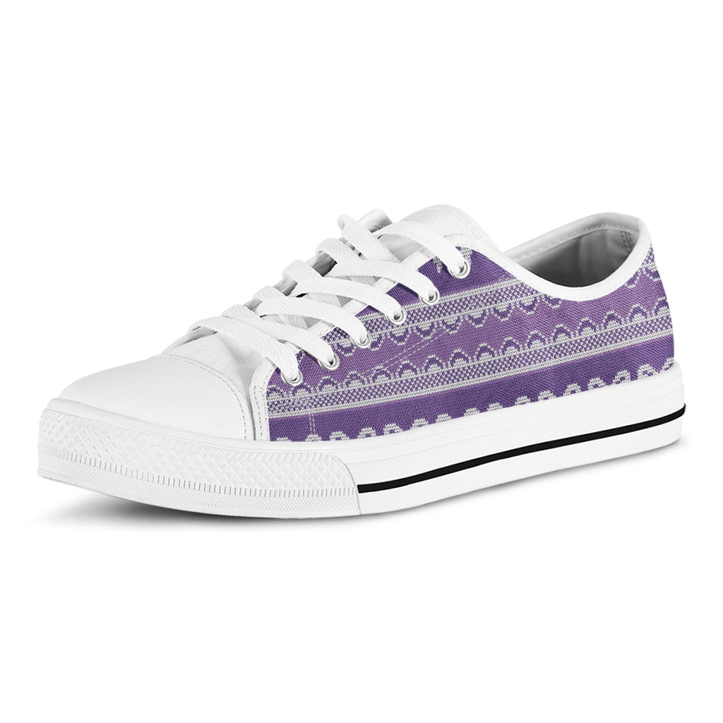Purple Ribbon Knitted Pattern Print White Low Top Shoes