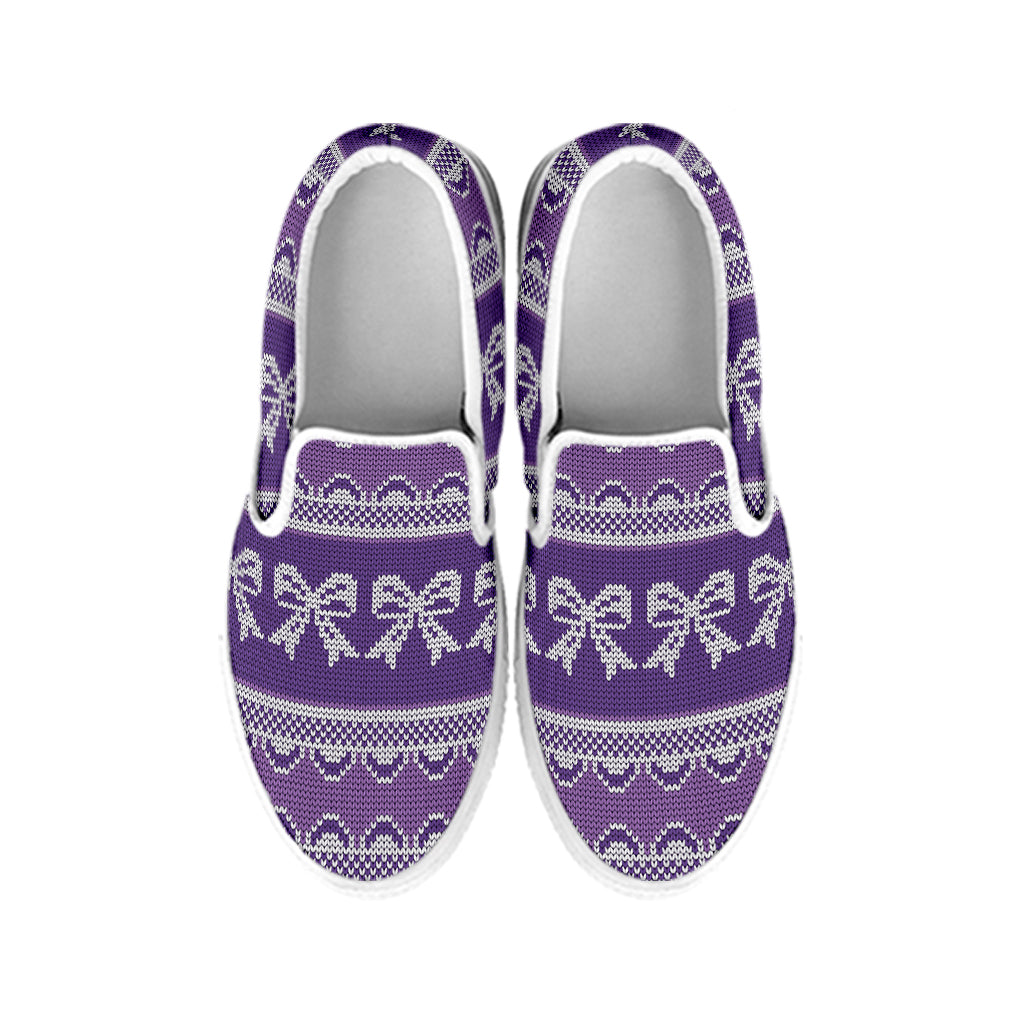Purple Ribbon Knitted Pattern Print White Slip On Shoes