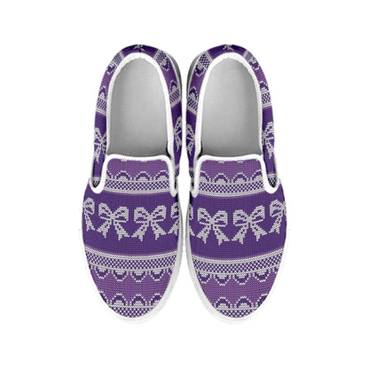 Purple Ribbon Knitted Pattern Print White Slip On Shoes