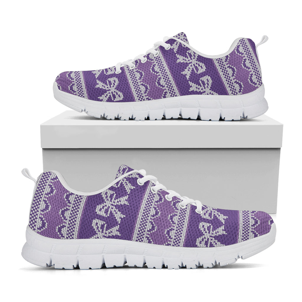 Purple Ribbon Knitted Pattern Print White Sneakers