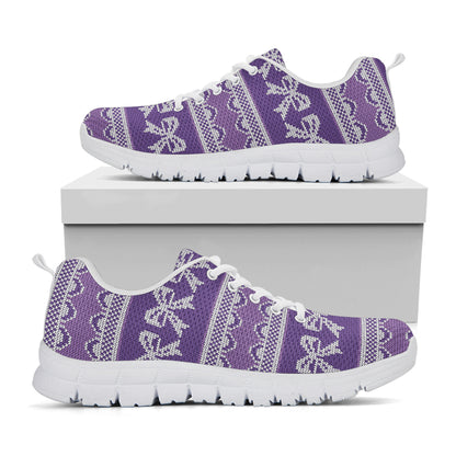 Purple Ribbon Knitted Pattern Print White Sneakers