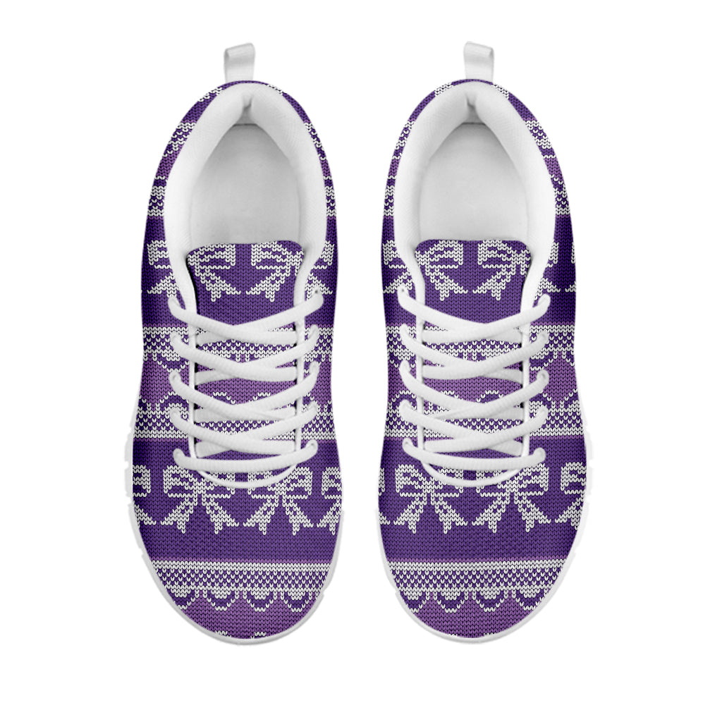 Purple Ribbon Knitted Pattern Print White Sneakers