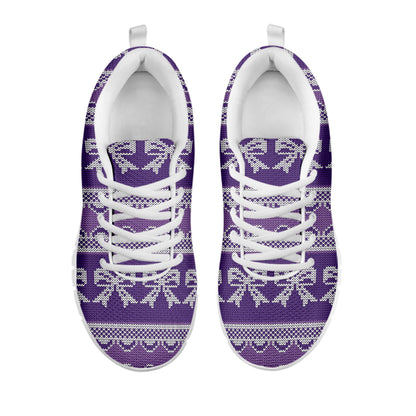 Purple Ribbon Knitted Pattern Print White Sneakers