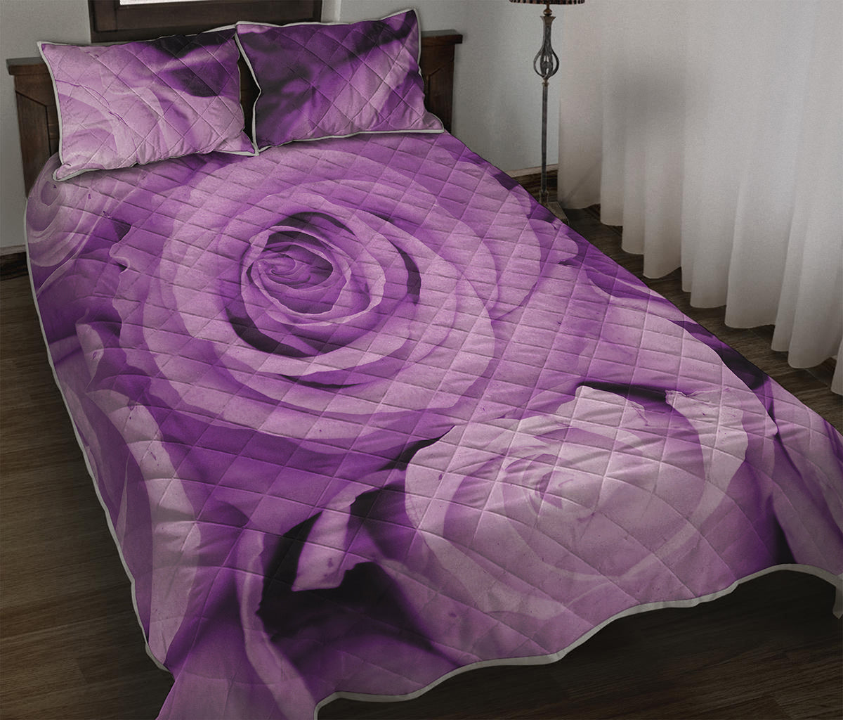 Purple Rose Print Quilt Bed Set