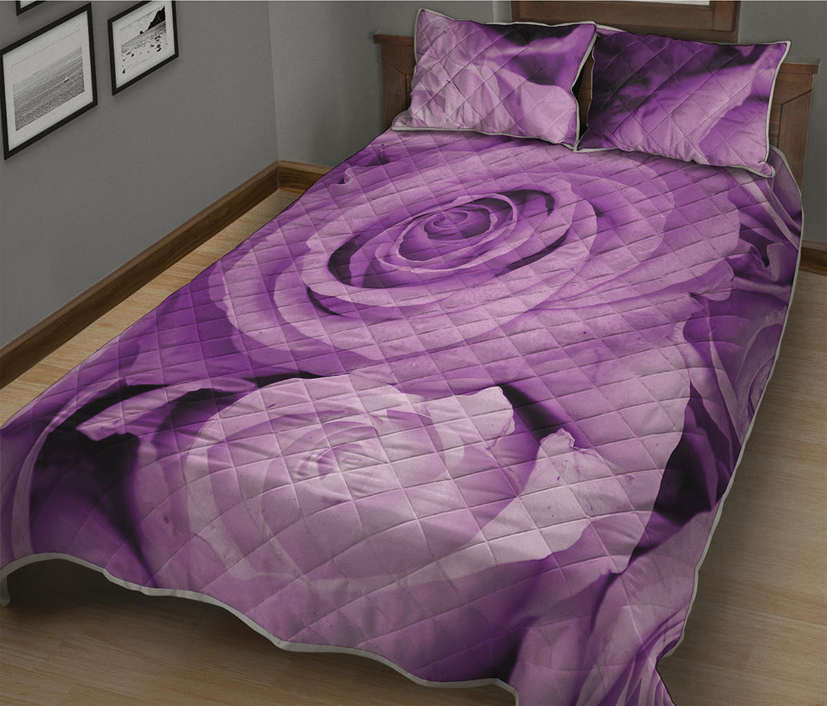Purple Rose Print Quilt Bed Set
