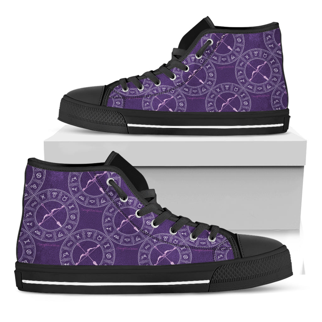 Purple Sagittarius Zodiac Pattern Print Black High Top Shoes