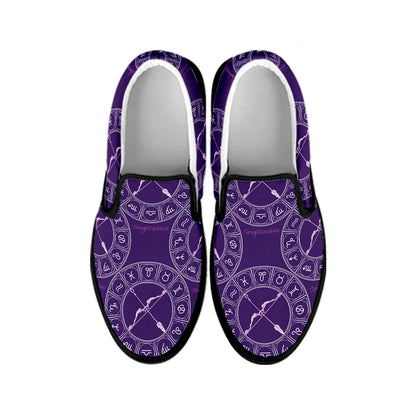Purple Sagittarius Zodiac Pattern Print Black Slip On Shoes