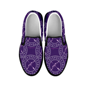 Purple Sagittarius Zodiac Pattern Print Black Slip On Shoes