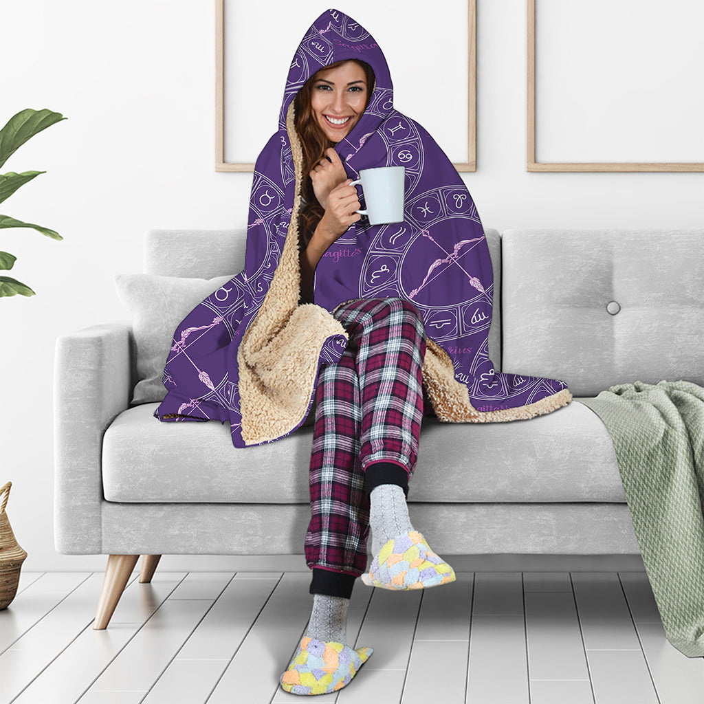 Purple Sagittarius Zodiac Pattern Print Hooded Blanket