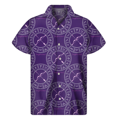 Purple Sagittarius Zodiac Pattern Print Men's Short Sleeve Shirt