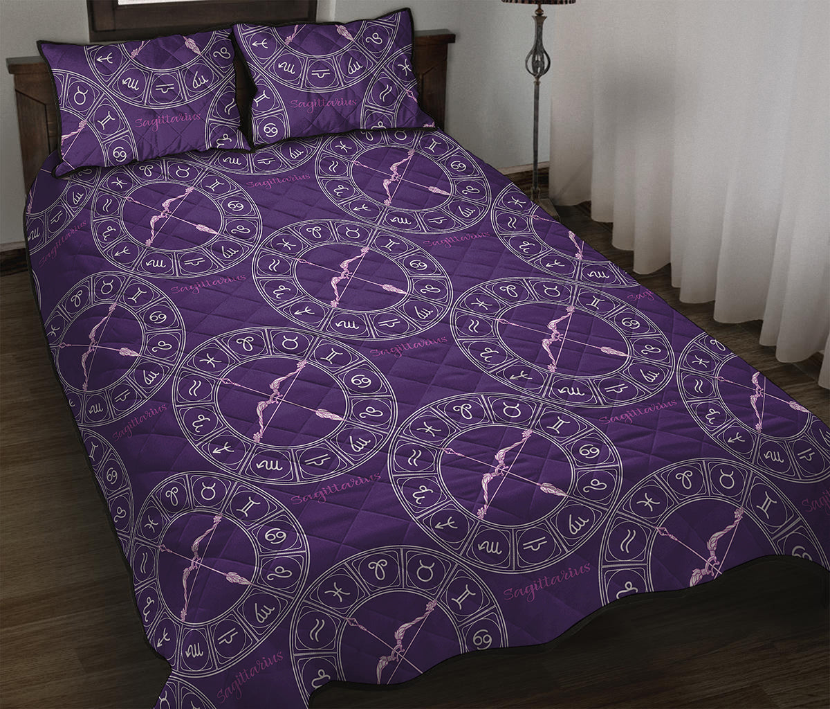Purple Sagittarius Zodiac Pattern Print Quilt Bed Set