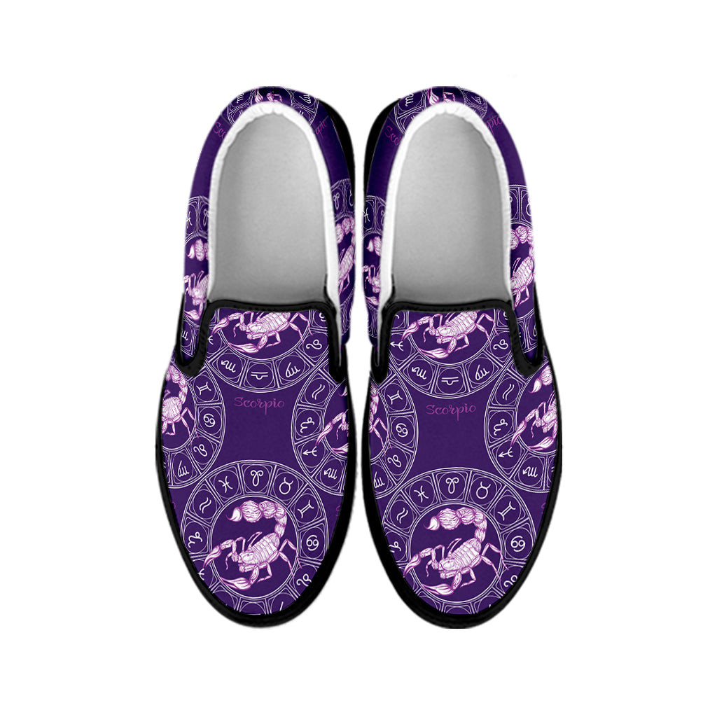 Purple Scorpio Zodiac Pattern Print Black Slip On Shoes