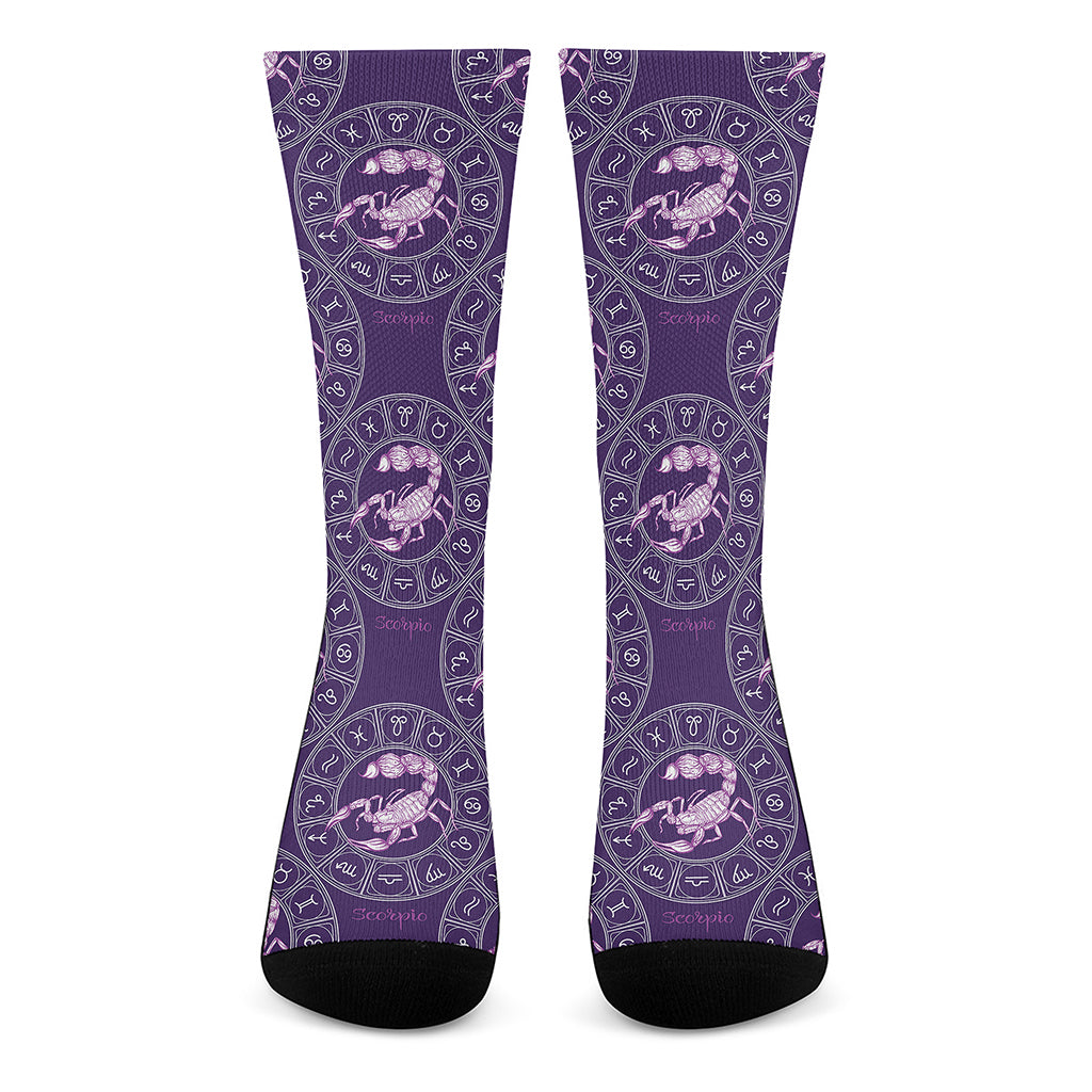 Purple Scorpio Zodiac Pattern Print Crew Socks