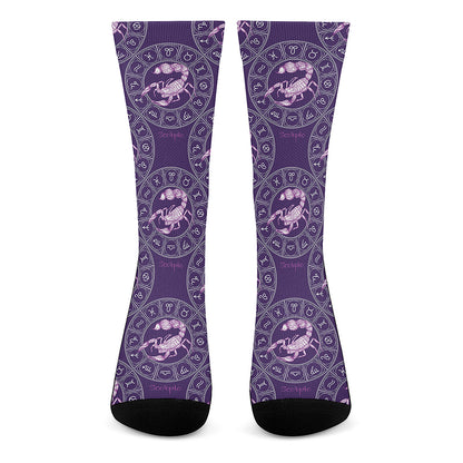 Purple Scorpio Zodiac Pattern Print Crew Socks