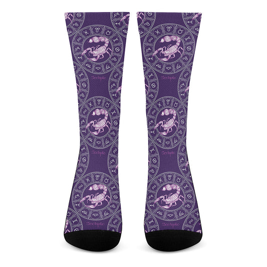 Purple Scorpio Zodiac Pattern Print Crew Socks
