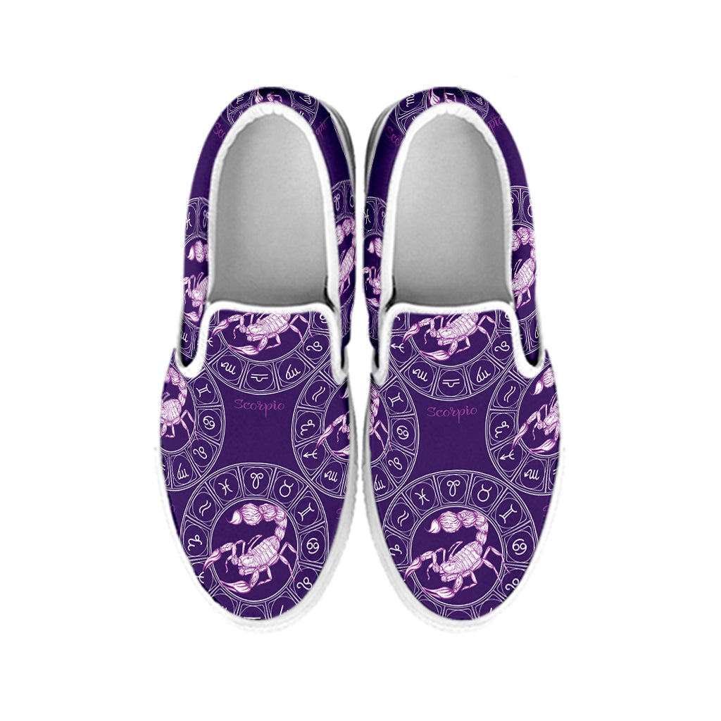 Purple Scorpio Zodiac Pattern Print White Slip On Shoes