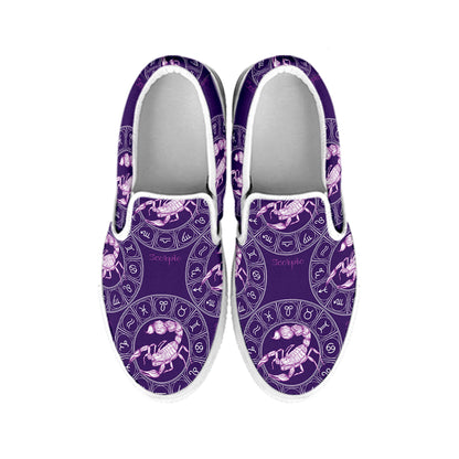 Purple Scorpio Zodiac Pattern Print White Slip On Shoes