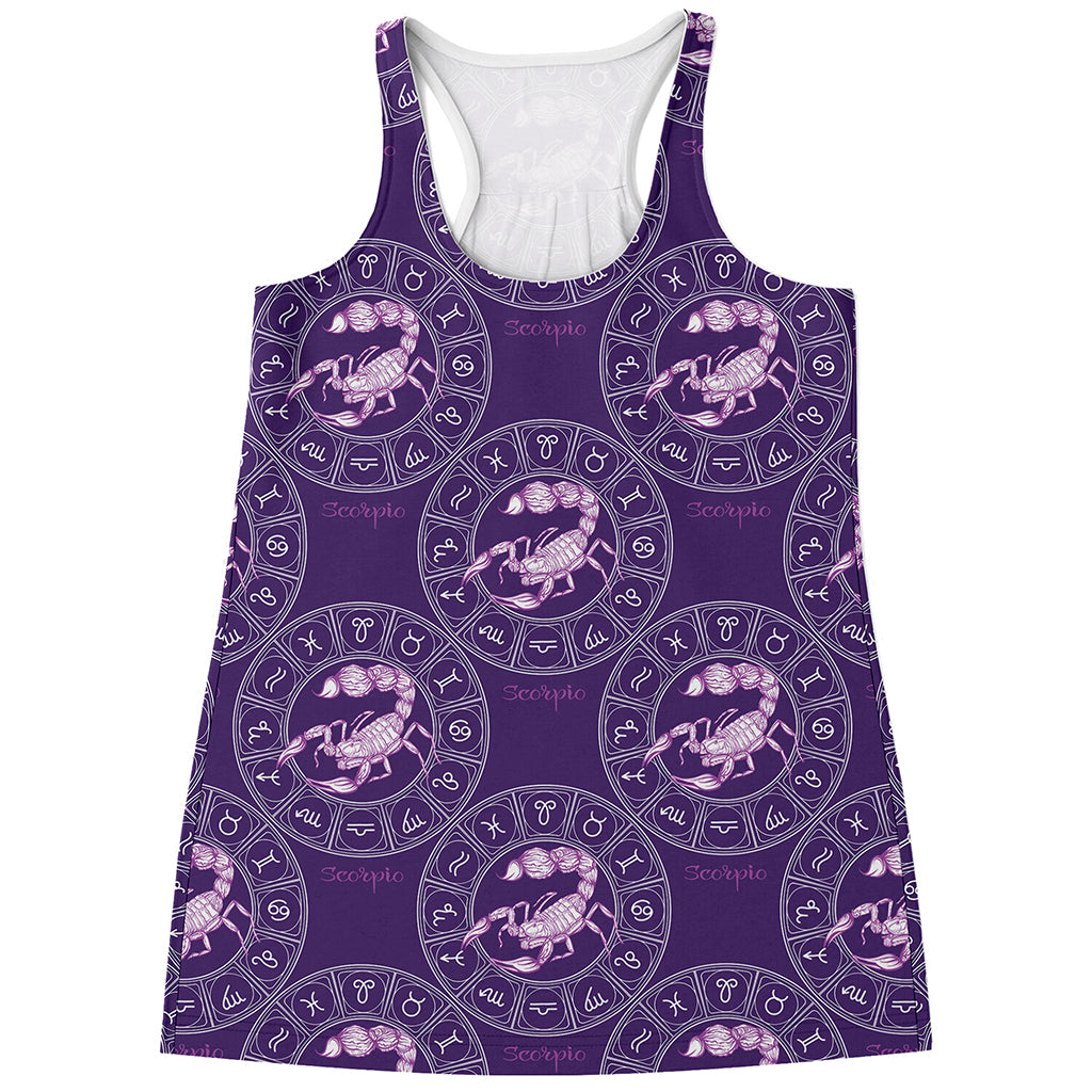 Purple Scorpio Zodiac Pattern Print Women's Racerback Tank Top