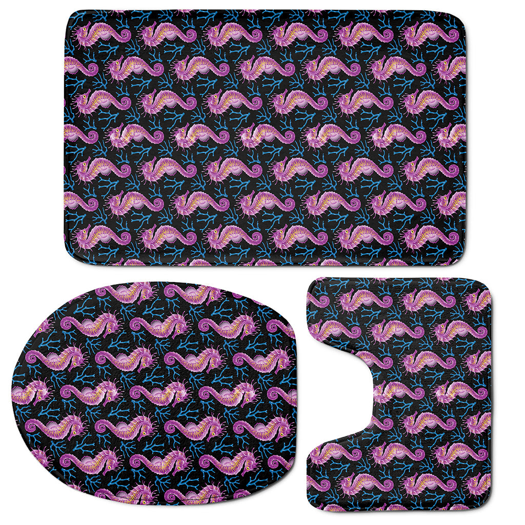 Purple Seahorse Pattern Print 3 Piece Bath Mat Set