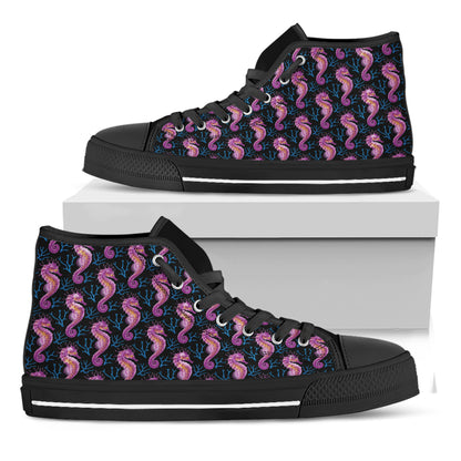 Purple Seahorse Pattern Print Black High Top Shoes