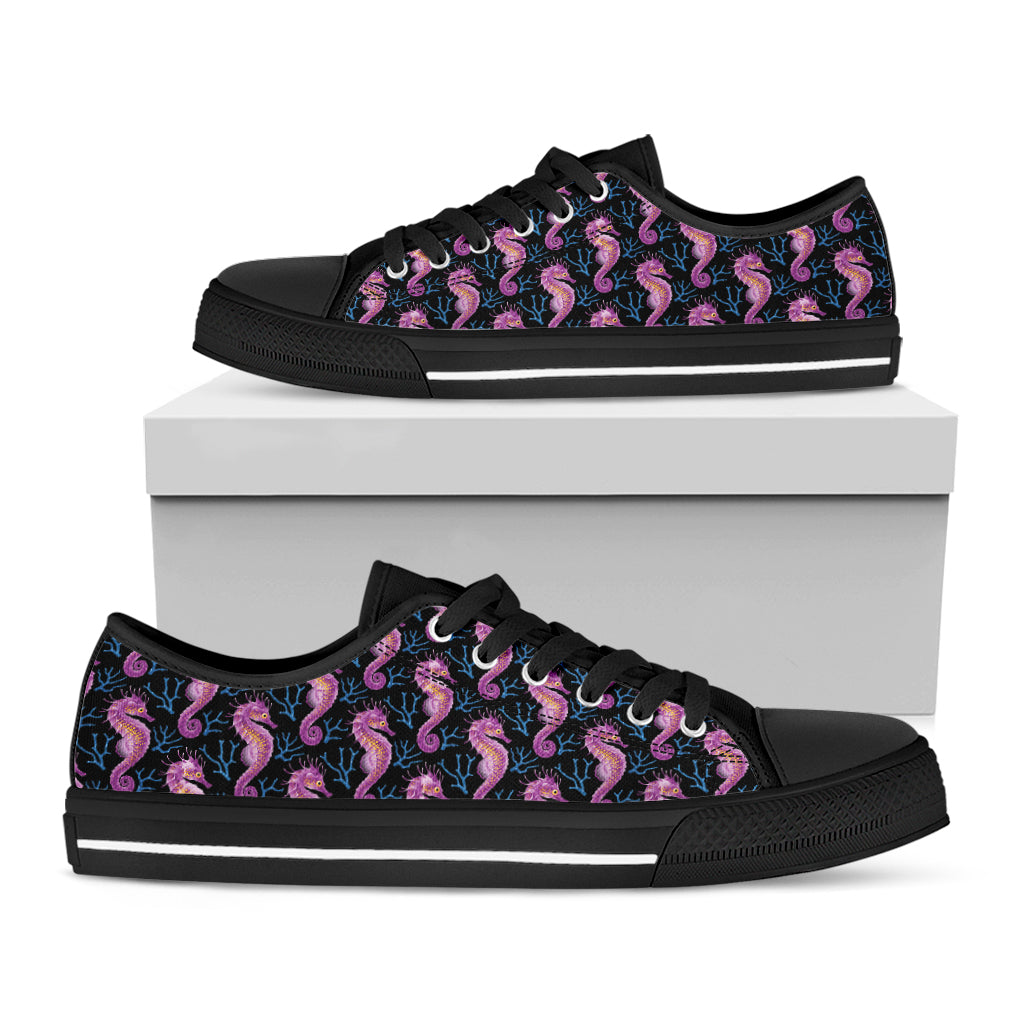 Purple Seahorse Pattern Print Black Low Top Shoes