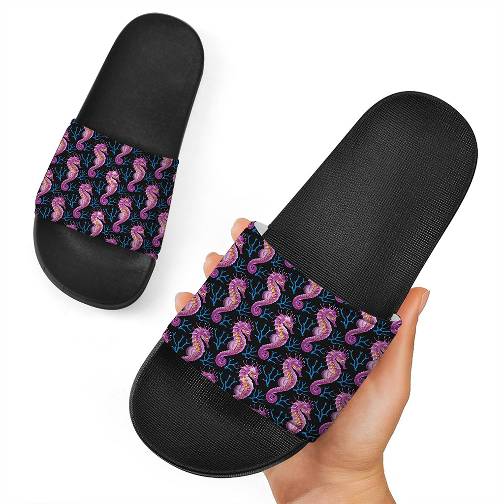 Purple Seahorse Pattern Print Black Slide Sandals