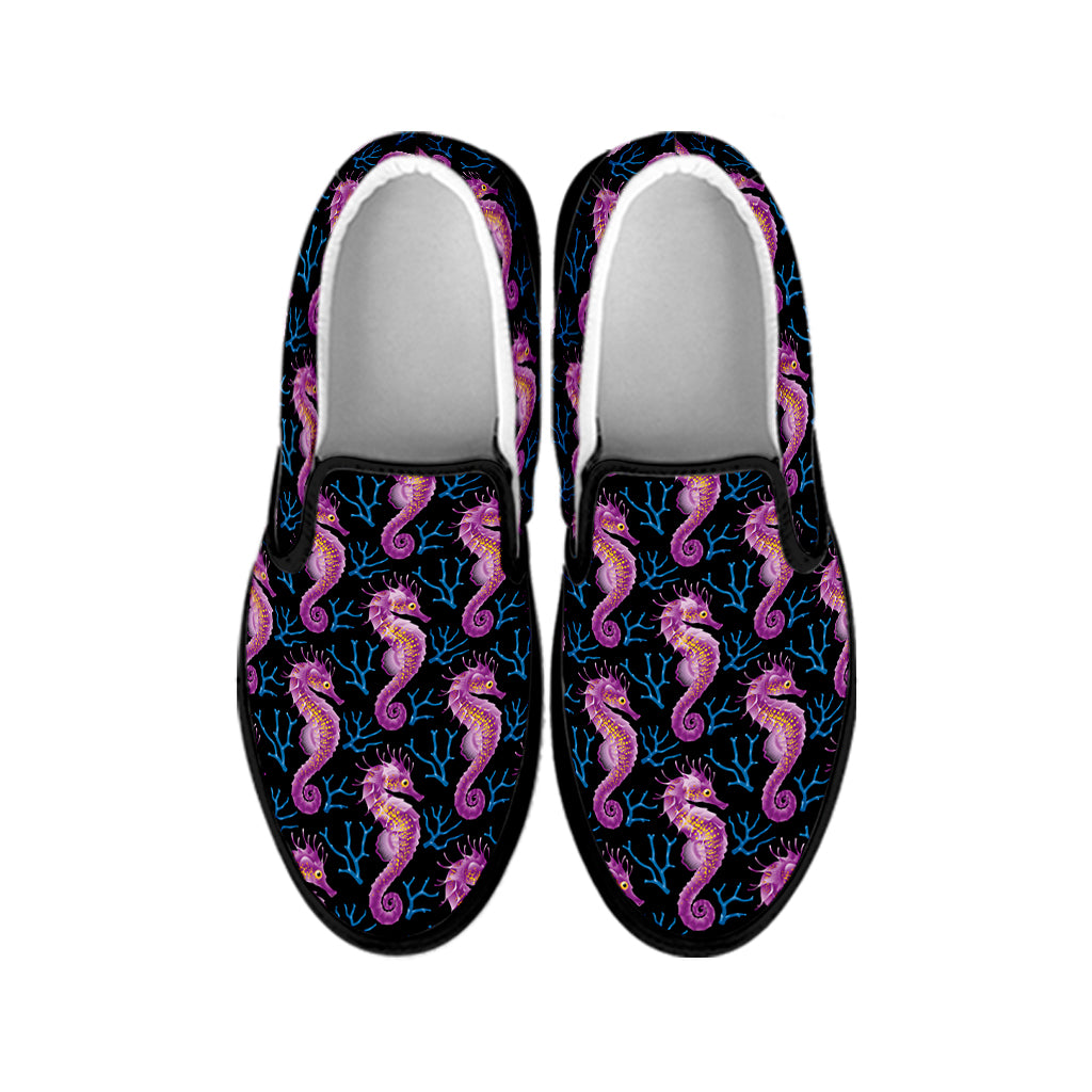 Purple Seahorse Pattern Print Black Slip On Shoes