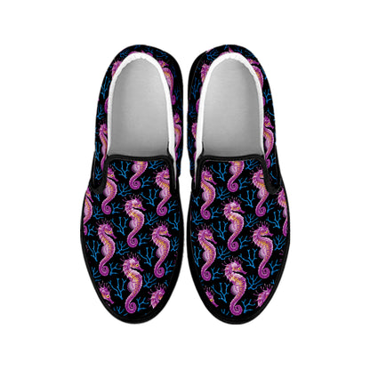 Purple Seahorse Pattern Print Black Slip On Shoes