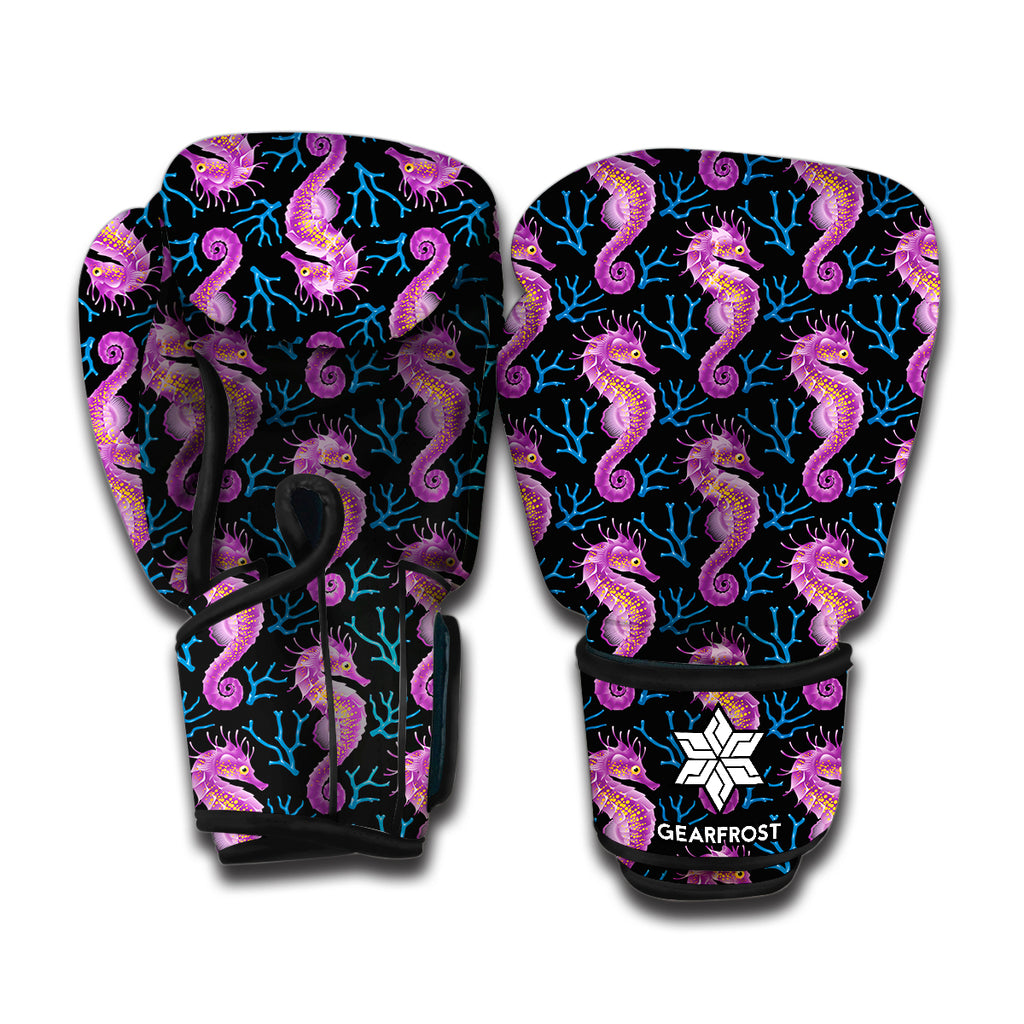 Purple Seahorse Pattern Print Boxing Gloves