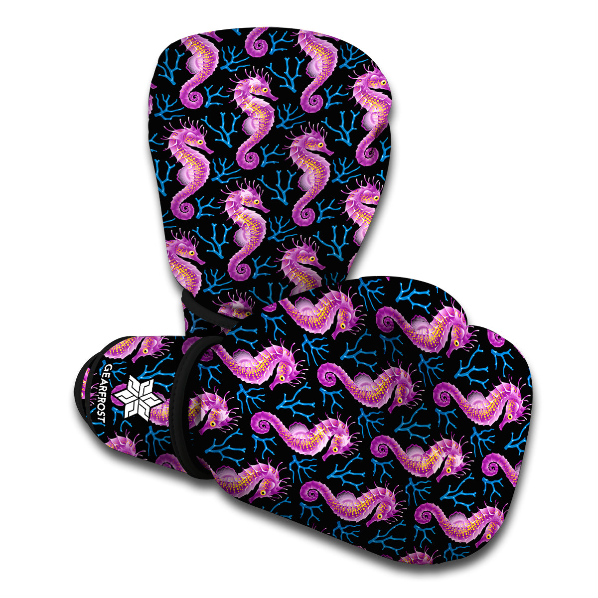 Purple Seahorse Pattern Print Boxing Gloves