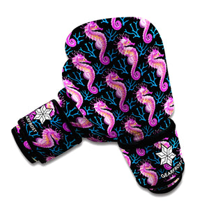 Purple Seahorse Pattern Print Boxing Gloves