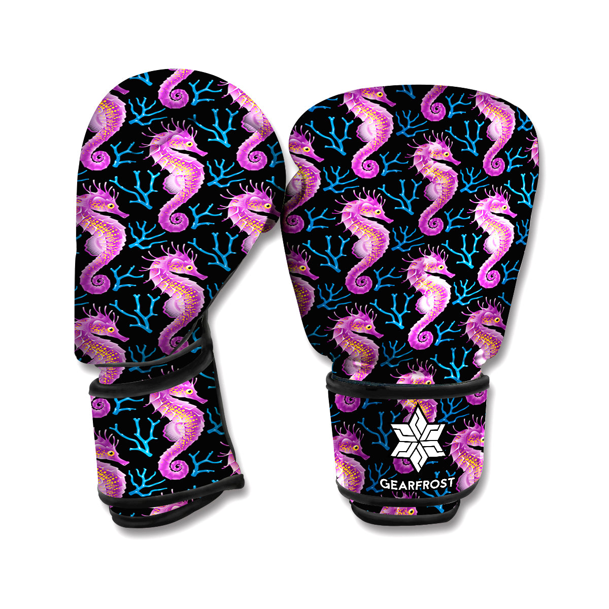 Purple Seahorse Pattern Print Boxing Gloves