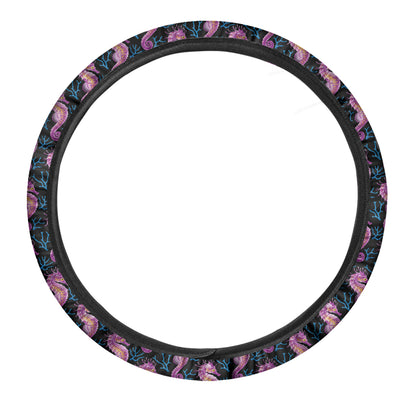 Purple Seahorse Pattern Print Car Steering Wheel Cover