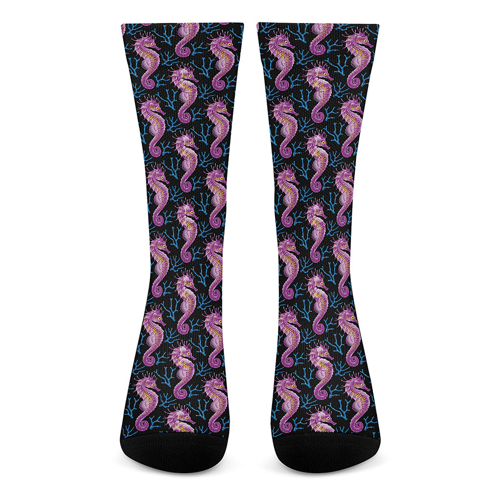 Purple Seahorse Pattern Print Crew Socks