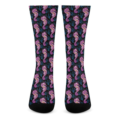 Purple Seahorse Pattern Print Crew Socks